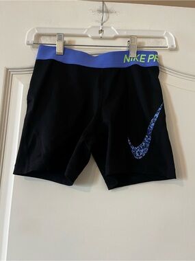 Kids Nike Black Compression Shorts with Blue Waistband and Blue Swoosh YLarge